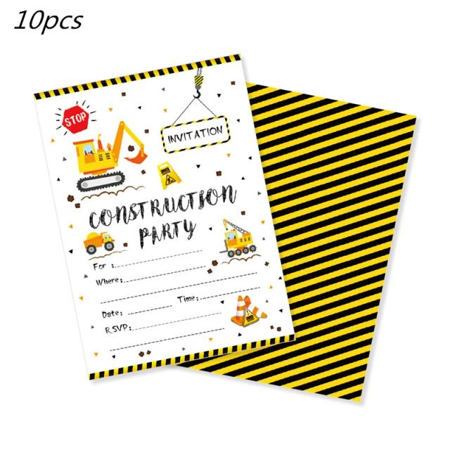 Convites de Aniversário do Tema Escavadeira: 10 Cartões Decorativos para Festa de Fraldas e Favores para Crianças