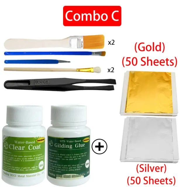 Kit de Folhas de Ouro com Cola Dourada para Artesanato em Papel: Verniz e Ferramentas Inclusas