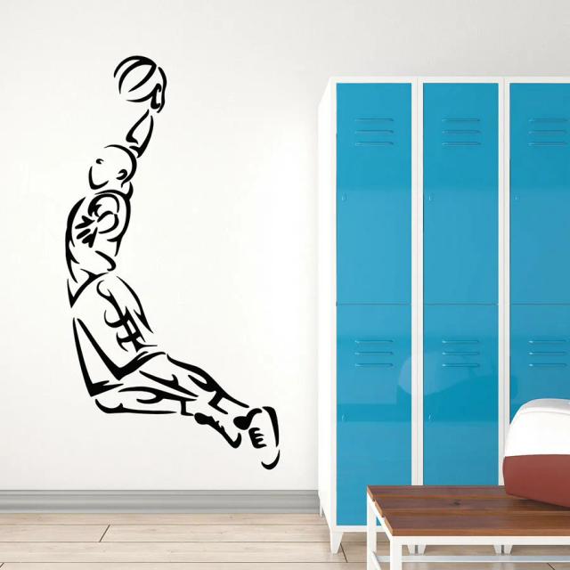Decalque de Parede de Basquete para Crianças - Adesivo de Mural do Jogador Saltador para Quarto Menino e Estádio Artístico