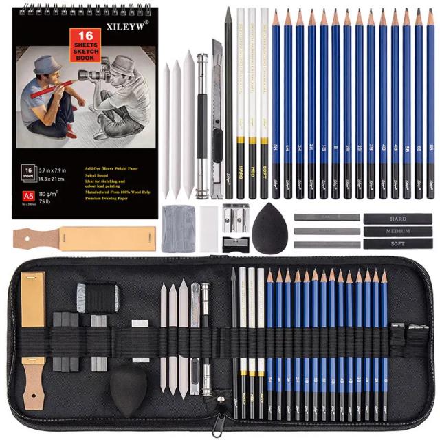 Kit de Arte Completo - 36 Peças com Lápis, Carvão Vegetal e Grafite para Artistas