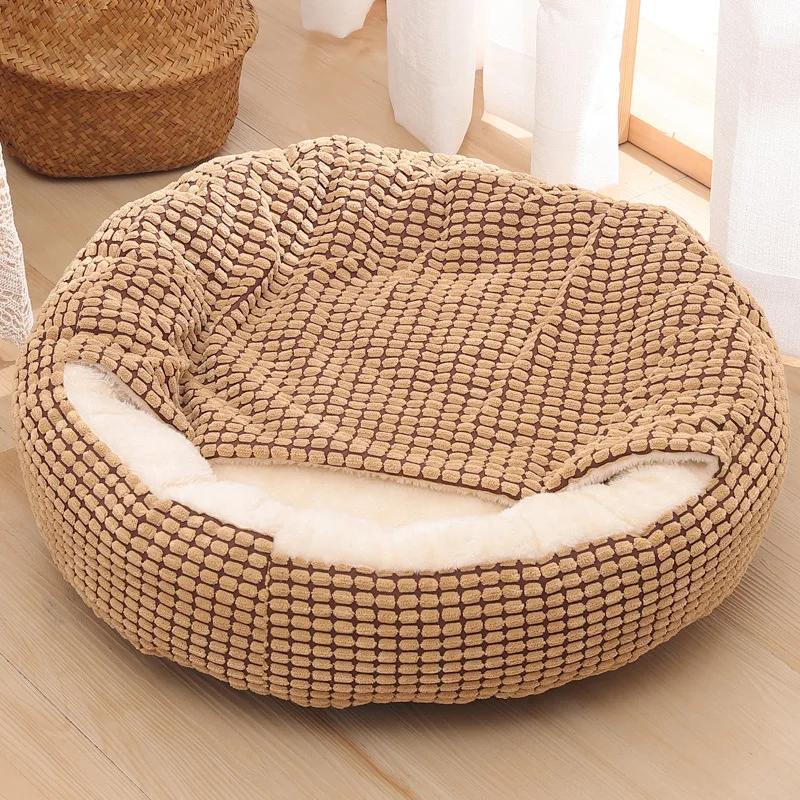 Cama semi-fechada do animal de estimação, cama redonda do animal, velo macio, engrossar o ninho, canil do cão, gato, saco de dormir, sofá acolhedor do filhote - Image 1