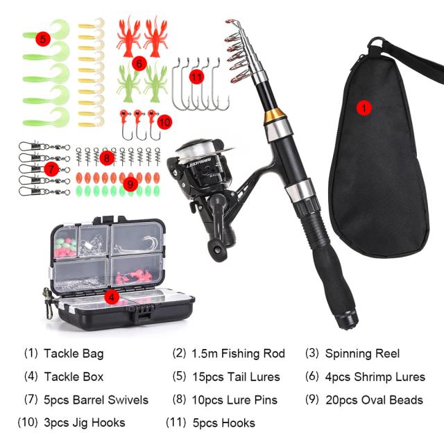 Kit Completo de Pesca Telescópica com Vara de Spinning, Ganchos para Jig, Iscas Macias, Barril Swivels e Combo para Carpa - 1,5m