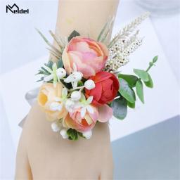 Meldel-Silk Rose Boutonniere para damas de honra, Casamento Corsage Pulso, Noivo Pulseira, Casamento Corsage, Orange Flower - Image 6