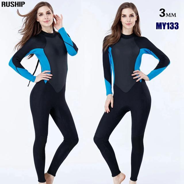 Roupa de Mergulho Feminina com Macacão de Neoprene Elástico de 3mm e Costura Colorida