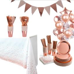 Conjunto De Louça Descartável Para Festa, Ouro Rosa, Copos De Papel, Pratos, Palhas, Carrinho De Bolo, Decoração De Mesa, Casamento, Fontes De Festa De Aniversário - Image 1
