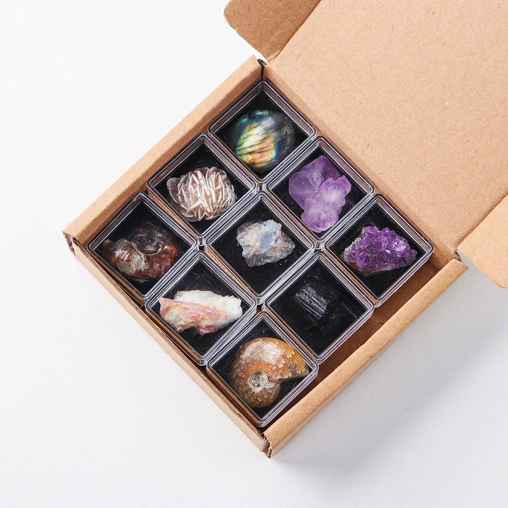 Caixa de presente para coleção de pedras minerais, 9 tamanhos de cristal natural granulado, ametista de quartzo, pedra de energia saudável, caixa de presente - Image 1