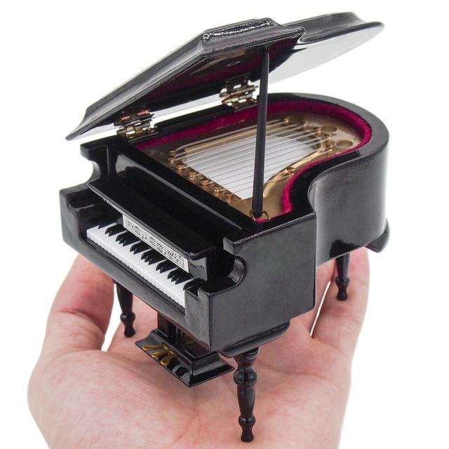 Piano de Cauda Miniatura Preto com Tamborete e Caixa de Música para Casa de Bonecas e Acessórios de Brinquedo