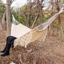 Rede de lona portátil dormir pendurado balanço cadeira viagem ao ar livre acampamento pendurado cama dobrável borla dupla rede jardim - Image 6