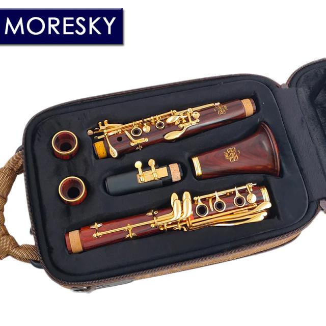 Clarinetes Profissionais MORESKY: Bambu e Cocobolo, Bb com Banho a Ouro e 18 Chaves - Modelo M9