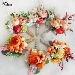 Meldel-Silk Rose Boutonniere para damas de honra, Casamento Corsage Pulso, Noivo Pulseira, Casamento Corsage, Orange Flower - Image 2