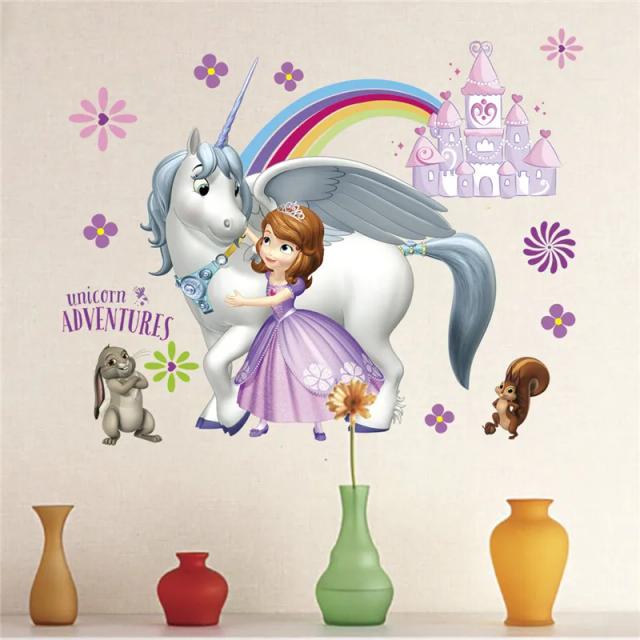 Adesivos de parede encantadores para quartos infantis com temas de unicórnio, Sofia e princesas
