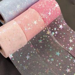 Estrela prateada tule impresso, tecido de malha de cerejeira, fita colorida do arco-íris, artesanato artesanal DIY, suprimentos de material ornamento, 25 jarda - Image 1