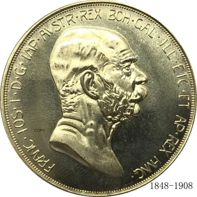 Moeda Comemorativa de Ouro Latão da Áustria Celebrando 60 Anos de União com a Alemanha - Corona 1848-1908 com Josué I