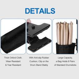 Suporte da baqueta para o conjunto de tambor braçadeira no saco de armazenamento da vara do cilindro grande capacidade clipe de pano no recipiente das baquetas até 16 pares - Image 4