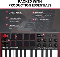 AKAI-Mini MPK Mini teclado com bateria retroiluminada Pads, USB, MK3, 25 Key, controlador de teclado, 8 botões, Piano produção musical - Image 5