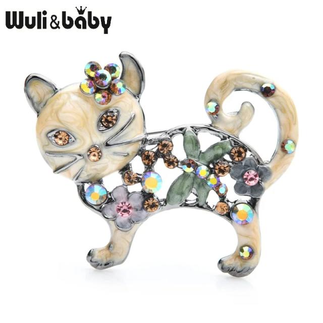 Broches de Esmalte de Gato Encantador Wuli & Baby para Mulheres - Alfinetes Casuais em Metal com Strass e Flor 