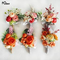 Meldel-Silk Rose Boutonniere para damas de honra, Casamento Corsage Pulso, Noivo Pulseira, Casamento Corsage, Orange Flower - Image 1