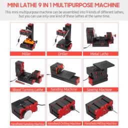 Mini máquina de torno multifuncional, 9 em 1, para torno de metal, madeira, cnc, ferramenta, triturador, furadeira, plástico, lixa de perfuração - Image 4