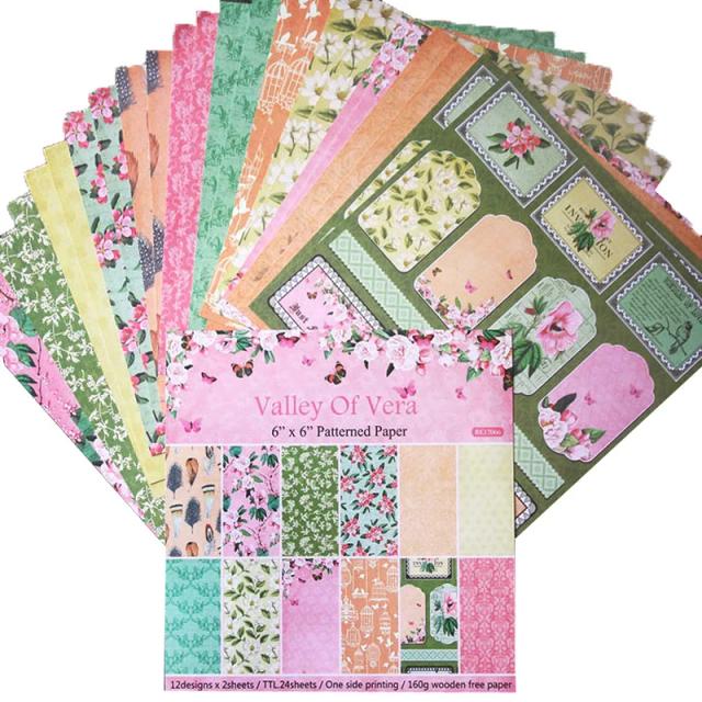 Pacote de 24 Folhas de Papel Scrapbook Estampado 160g - 6 Polegadas, Impressão de Madeira em Um Lado para Decoração Criativa