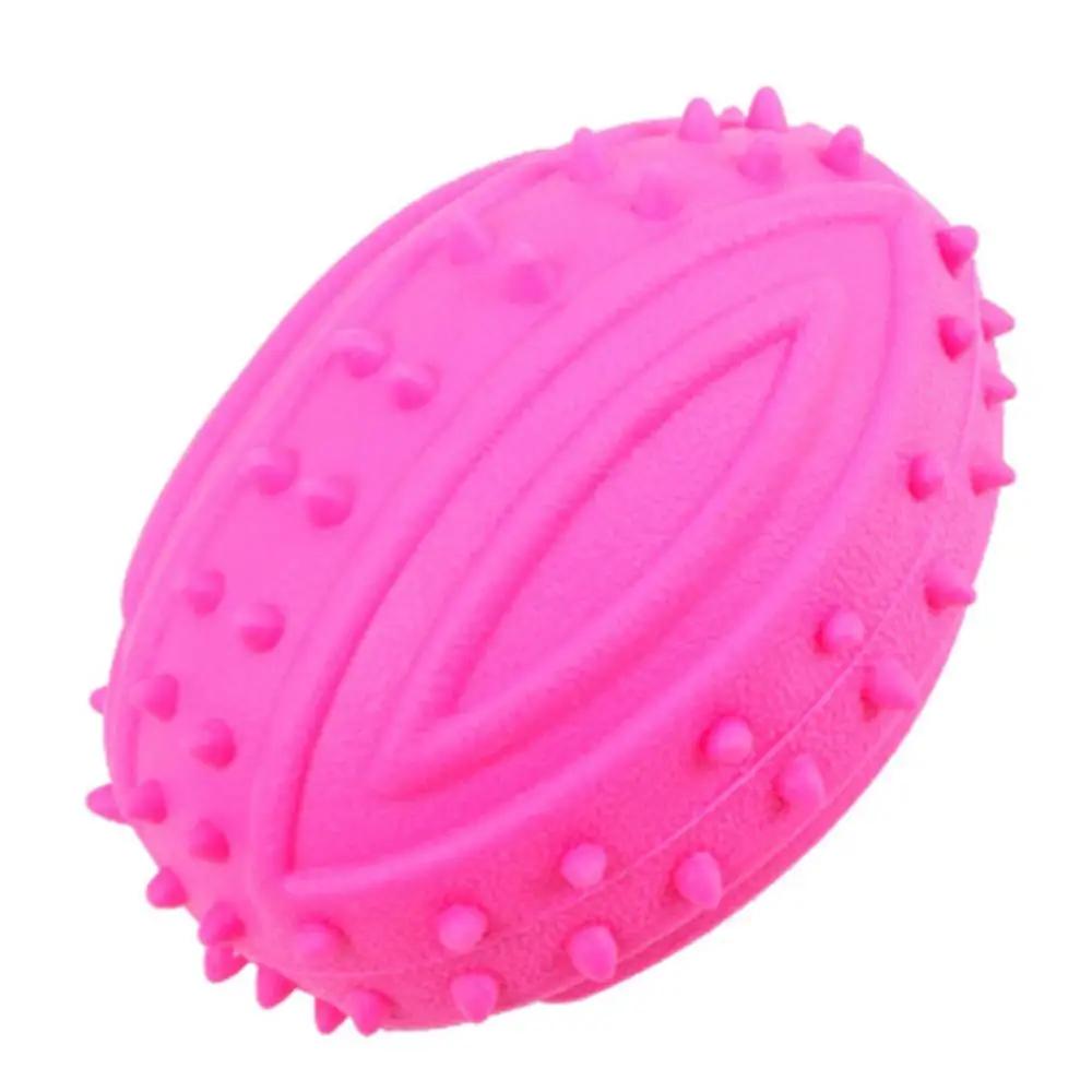 Brinquedo guinchado do cão para o cão de estimação mastigar brinquedo borracha pequena bola rugby squeaky amarelo azul rosa - Image 4