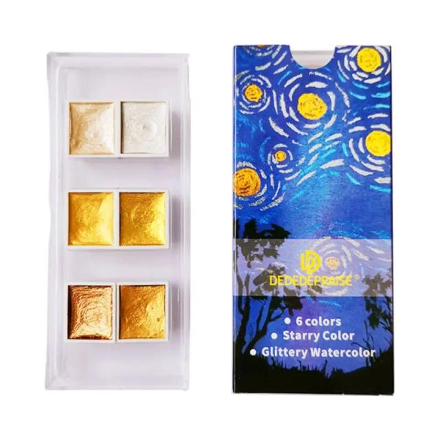 Tinta Aquarela Metálica e Dourada com Glitter para Pintura Artística - Conjunto de 6/12 Cores Sólidas