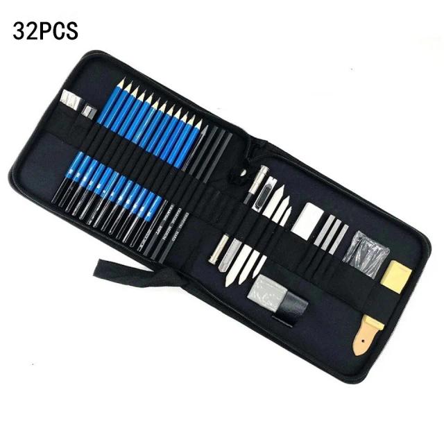 Kit Completo de Lápis Profissional 32 Peças para Desenho, Arte e Pintura com Lápis de Carvão e Acessórios para Artesanato e Esboço