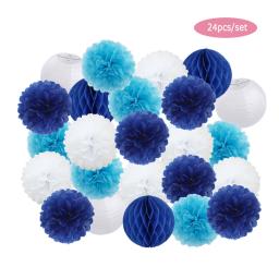 Pompom de papel pendurado para crianças, lanternas brancas, chuveiro de bebê, favor de festa de aniversário azul escuro, decoração de eventos de casamento, meninos e meninas, 24 pcs/set - Image 1