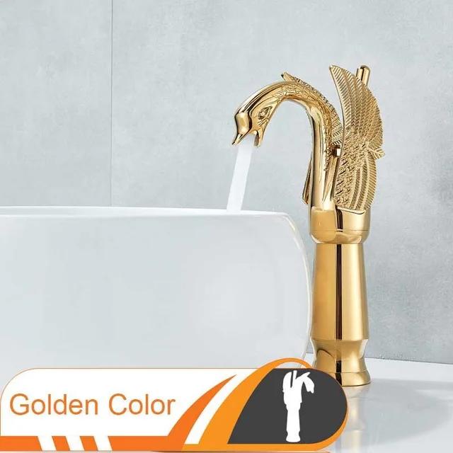 Torneira de Bronze Ouro para Banheiro com Design de Cisne e Controle de Água Quente e Fria