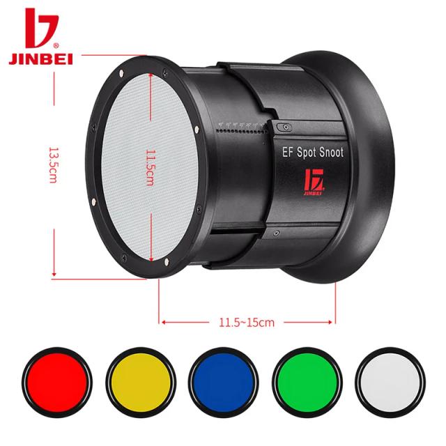 Snoot Focalizador JINBEI EF-LED com Zoom 10 a 40 Graus e Filtros de Cor para Iluminação Studio Bowens