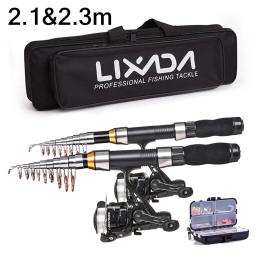 Lixada carretel da vara de pesca combo kit completo com 2.1m 2.3 varas de pesca telescópica 2 pçs molinetes conjunto com ganchos iscas macias saco - Image 1