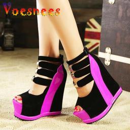 Sandálias plataforma de couro genuíno para mulheres, salto alto 14cm cunhas, cores misturadas, sapatos sexy, novo verão 2021 - Image 5
