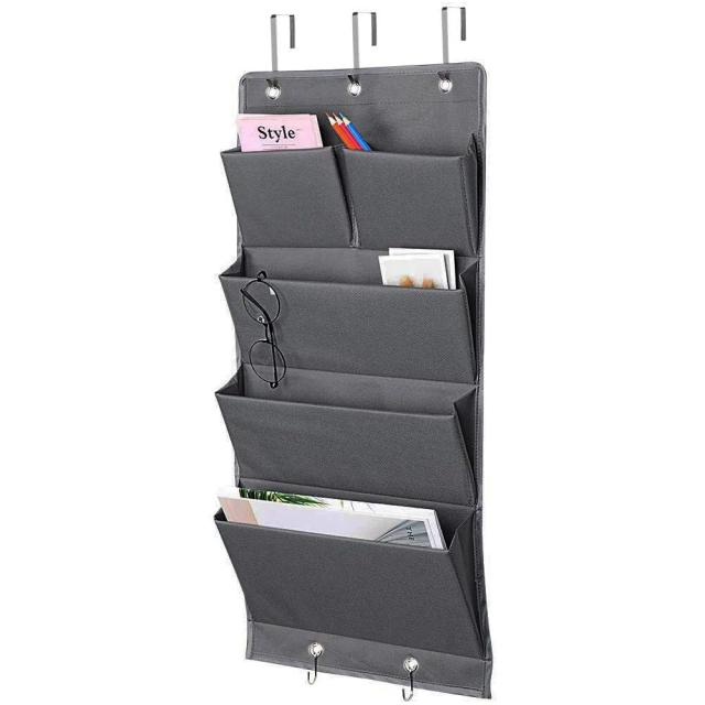 Porta Organizador de Armazenamento com Ganchos - Ideal para Escritório, Pastas de Arquivo e Material Escolar com 5 Bolsos Pendurados na Parede