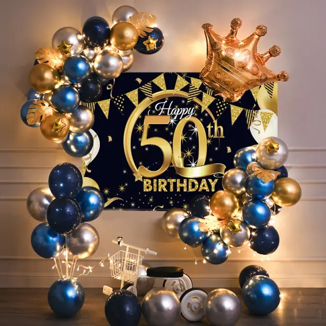 Kit de Decoração de Festa de Aniversário com 40 Balões Metálicos Dourados e Azuis e Guirlanda Promocional para Todas as Idades