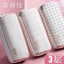 Pensil saco estacionário kawaii multi compartimentos caixa de lápis 3 zíperes caneta bolsa organizador grade quadrada cosméticos armazenamento titular em - Image 5