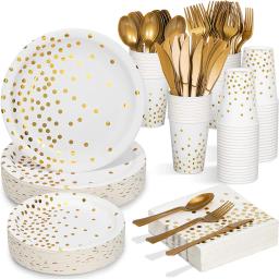 Louça descartável para festa de casamento, chapas e copos de papel branco, suprimentos coleção ouro, aniversário do bebê e dia dos pais - Image 1