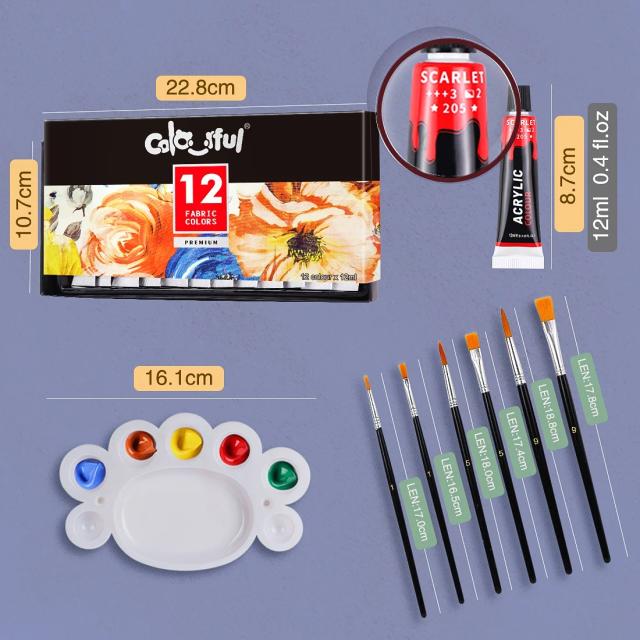 Conjunto de Tinta para Tecido Colorido com 12 Cores Permanentes, 6 Pincéis e Paleta - Kit Completo para Pintura de Roupas e Sapatos