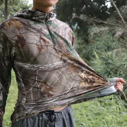 Roupas de pesca de proteção solar seca rápida masculina, caça ao ar livre relógio de aves, camisa Bionic Camo, Stretch respirável com capuz, verão - Image 1