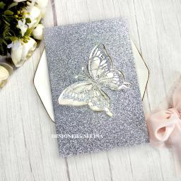 Cartão de convite de princesa borboleta prateada para festa de aniversário de bebê, impressão personalizada, convites cortados a laser com glitter DIY, 50 peças - Image 4