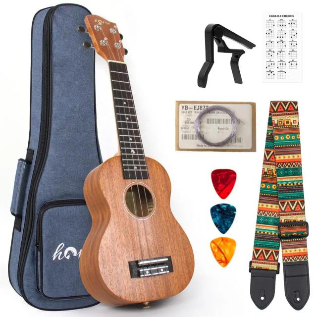Ukulele Soprano de Mogno 21 Polegadas para Iniciantes com Acessórios Completo: Estojo, Sintonizador, Cinta, Capo e Palhetas
