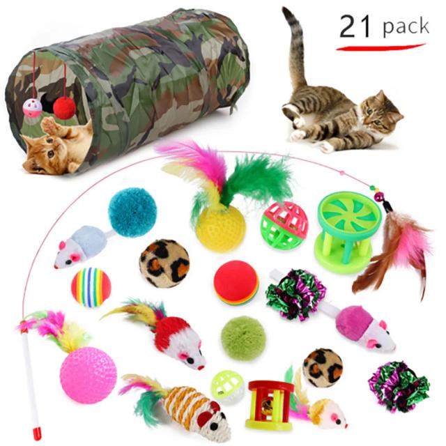 Kit Interativo de Brinquedos para Gatos com Túnel Dobrável, Bolas de Penas e Formas de Ratos - 21 Peças Divertidas para Brincadeiras Ativas