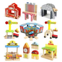 Conjunto de trilho de trem ferroviário de madeira, acessório de estação de trem com túnel adequado para todas as marcas, brinquedos educativos de trilhos de madeira para crianças - Image 1