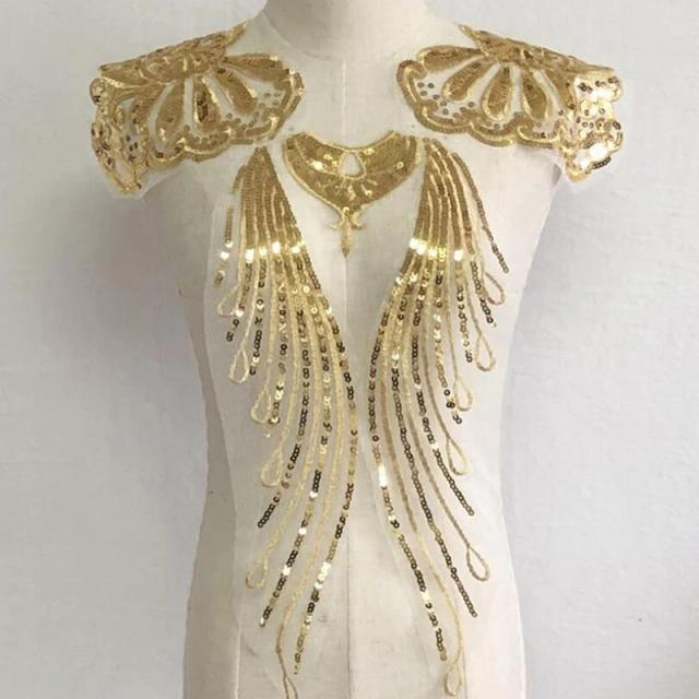 Conjunto de Apliques Bordados em Lantejoulas de Ouro para Vestidos e Decoração DIY de Casamento