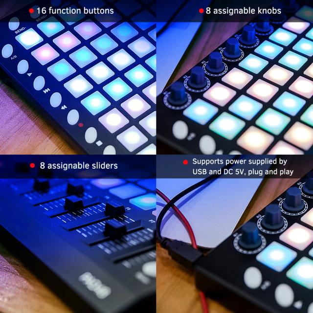 Controlador de Percussão MIDI Portátil USB WORLDE com 48 Pads Retroiluminados, 16 Botões e 8 Sliders Ajustáveis