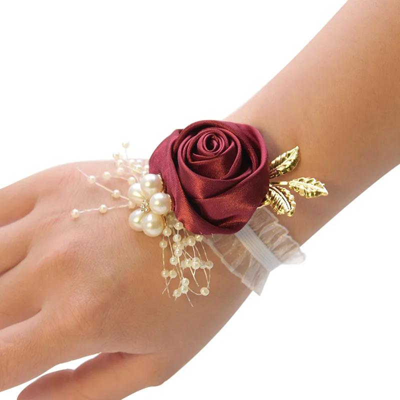 Bridesmaid Wrist Flores, Casamento Prom Party Boutonniere, Cetim Rosa Pulseira, Tecido Mão Flor, Decoração Suprimentos, Meninas - Image 1