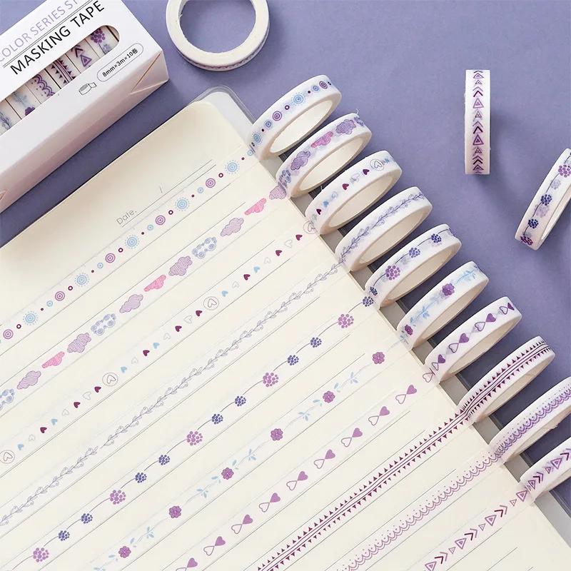Conjunto de fita adesiva decorativa para journaling, fita fina Washi, fita adesiva colorida, 10 rolos por caixa, 8mm x 3m - Image 1