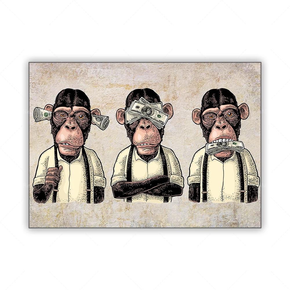 Arte de parede de três macacos sages, não pode ou falar sobre tela maligna, arte de rua de macaco engraçado de 3 painéis, pôster de graffiti - Image 1