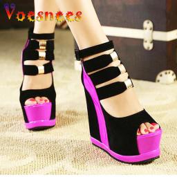 Sandálias plataforma de couro genuíno para mulheres, salto alto 14cm cunhas, cores misturadas, sapatos sexy, novo verão 2021 - Image 2