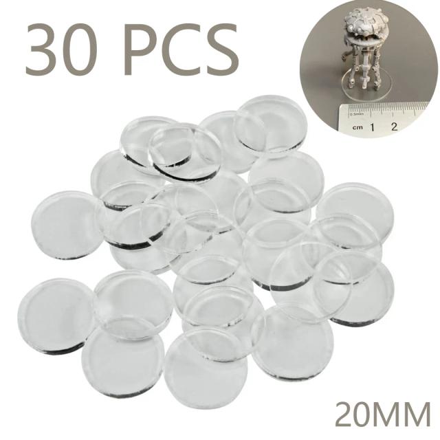Pacote de 30 Bases Transparentes Circulares de 20MM para Miniaturas de Jogos de Tabuleiro e TRPG