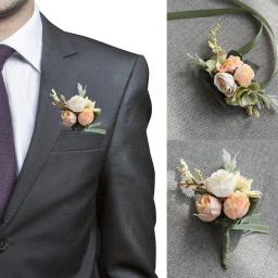 Corsage de pulso masculino para casamento, pulseira de dama de honra, seda flor, rosa vermelha, alfinetes do noivo, boutonniere - Image 1