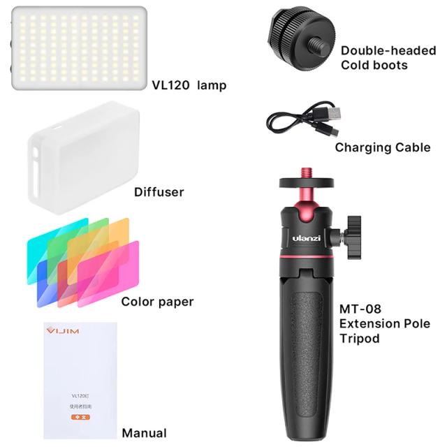 Iluminação VIJIM-LED VL120: Luz de Estúdio com Difusor, Efeitos RGB e Vlog Fill para Fotografia (3200-6500K)